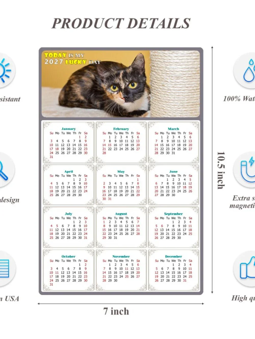 2027 Magnetic Calendar - Today is my Lucky Day - Cat Themed 024 (7 x 10.5)